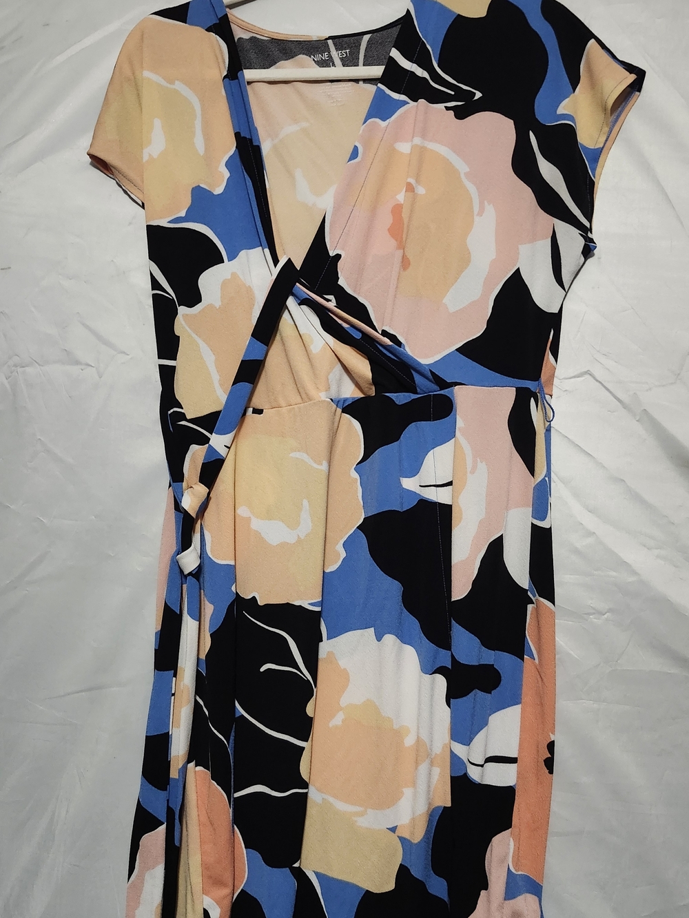 Nine West Floral Wrap Midi Dress in Black, Blue & Peach